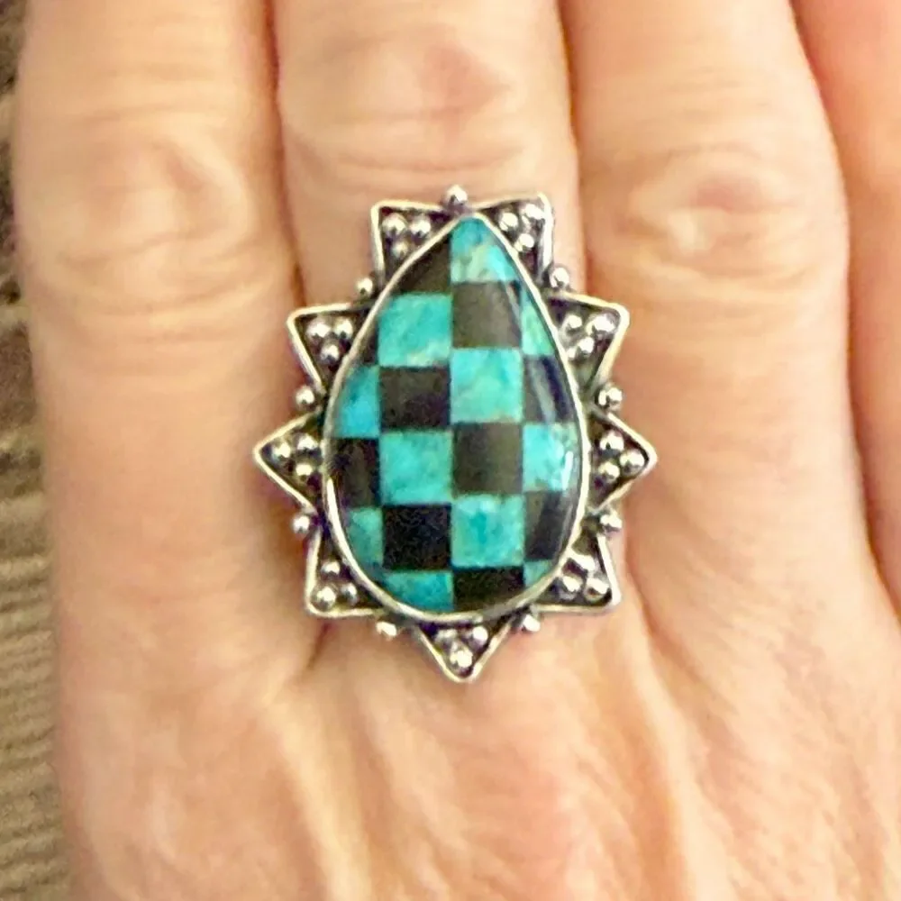 Trendy Southwest Aurora Opal And Onyx Checkerboard Sterling Silver Boho Ring
